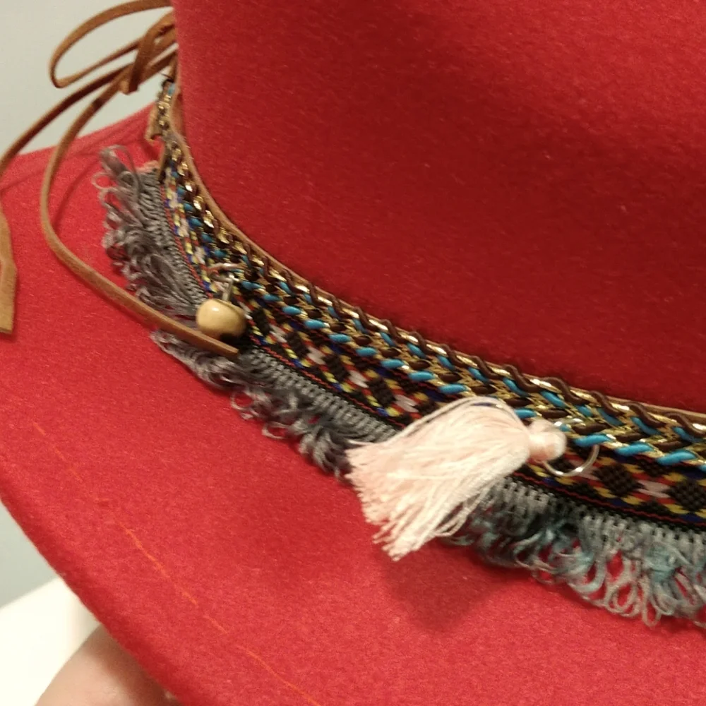 RESERVED Southern Red Cowboy Hat Turquoise Tassels Pendants Fringe Accent Boho - Picture 5 of 17